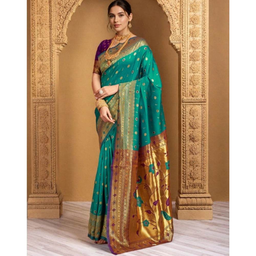 Generic Women's Silk Blend Zari Weaving Saree With Unstitched Blouse 5.5Mtr (Teal) - MYLUXURY LANE ENTERPRISE